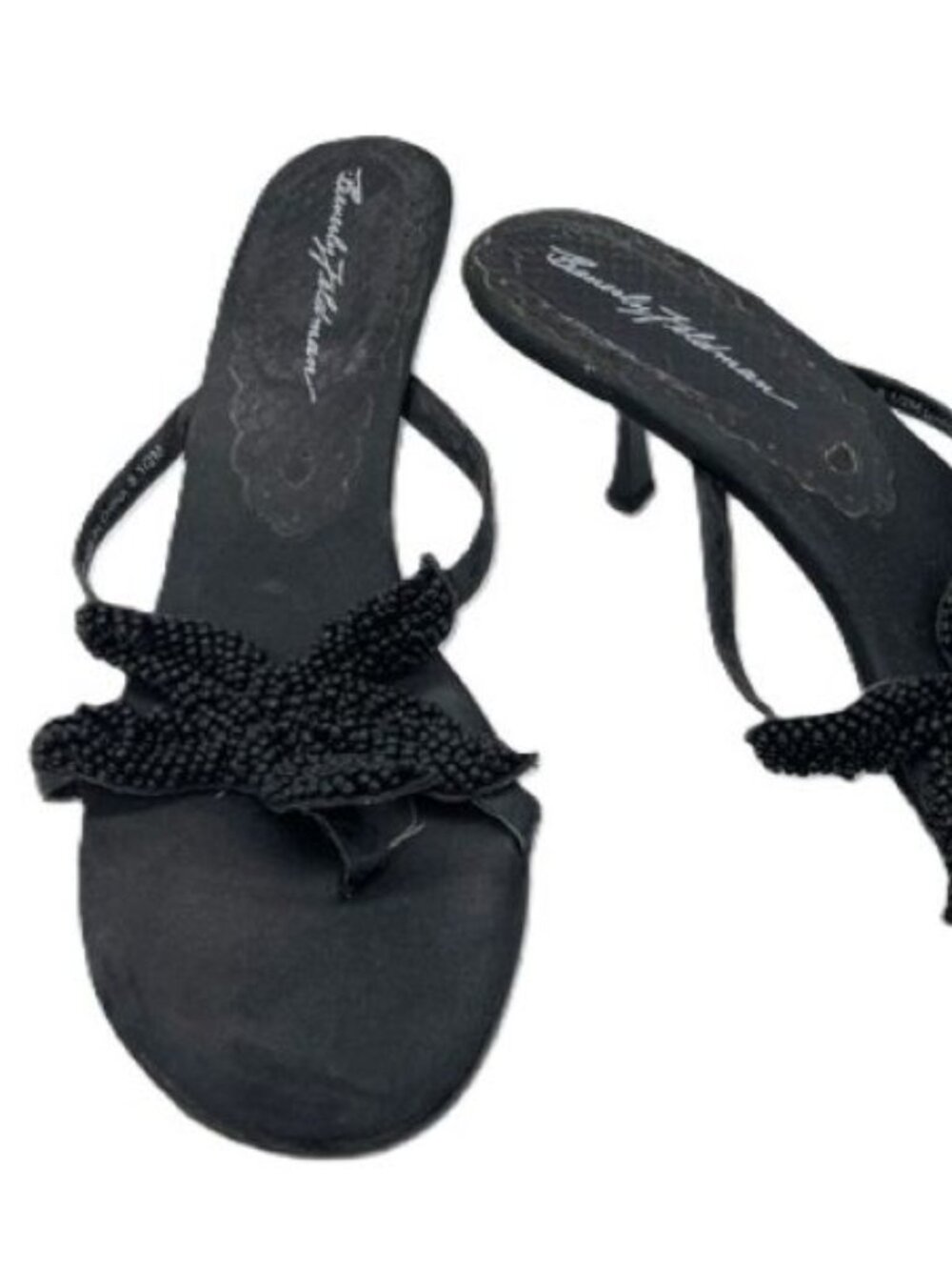 Beverly Feldman Black Beaded Starfish Kitten Heel Sandals